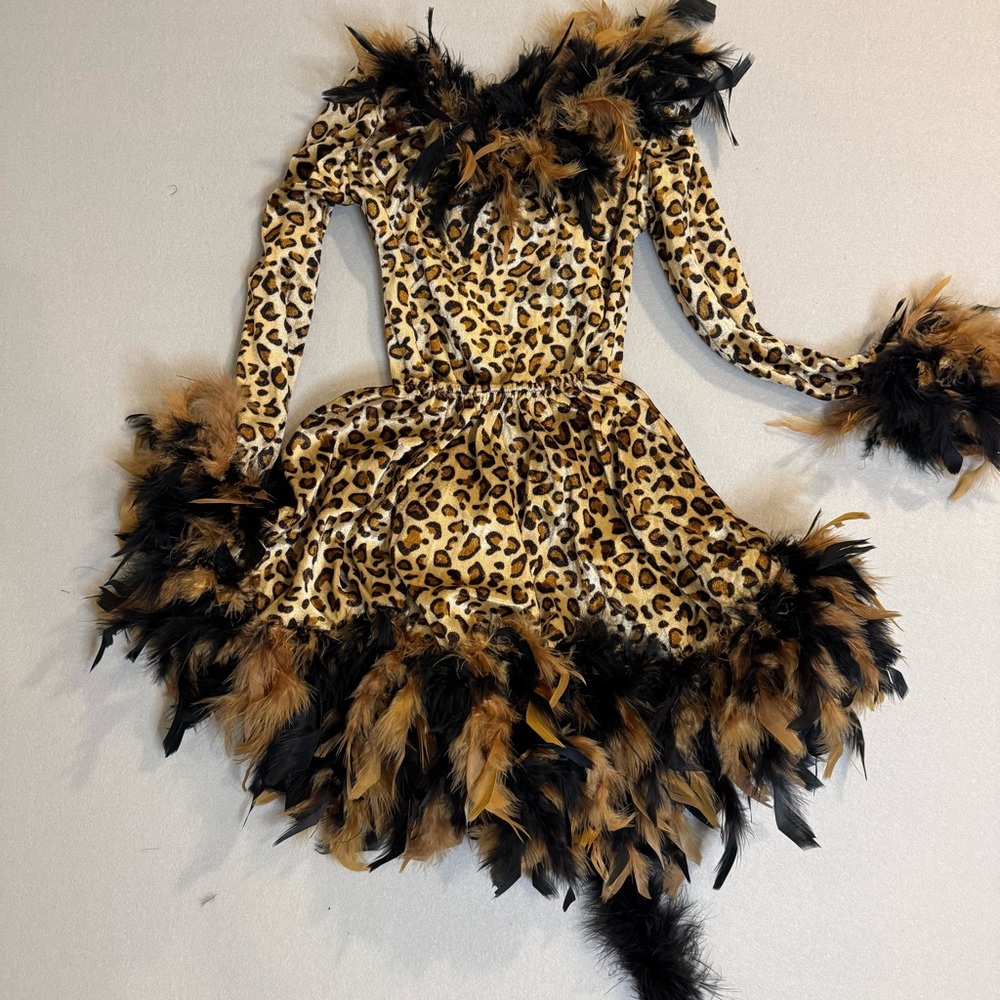 Princess Paradise Childs Leopard Stretch Costume With Tan/Black Feathers SzS 5/6